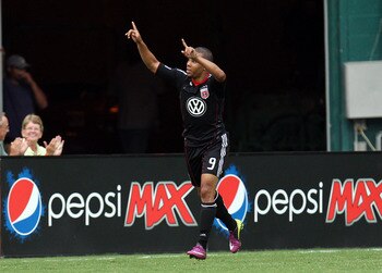 WASHINGTON, DC - JUNE 25: Charlie Davies #9 of D.C. United celebrates after scoring a goal against the Houston Dynamo at RFK Stadium on June 25, 2011 in Washington, DC. (Photo by Ned Dishman/Getty Images)