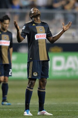 CHESTER, PA- JUNE 25: Danny Mwanga #10 of the Philadelphia Union looks to the sky after the final whistle during the game against  Chivas USA at PPL Park on June 25, 2011 in Chester, Pennsylvania. Mwanga scored the game winning goal and the Union won 3-2.