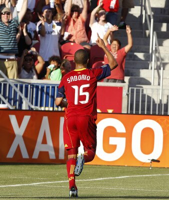 SANDY, UT - JUNE 25: Alvaro Saborio #15 of Real Salt Lake celebrates a goal against Toronto FC during the first half of an MLS soccer game June 25, 2011 at Rio Tinto Stadium in Sandy, Utah. (Photo by George Frey/Getty Images)
