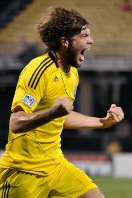 COLUMBUS, OH - JUNE 26:  Tom Heinemann #32 of the Columbus Crew celebrates his second half goal against the Colorado Rapids on June 26, 2011 at Crew Stadium in Columbus, Ohio. Columbus defeated Colorado 4-1.  (Photo by Jamie Sabau/Getty Images)