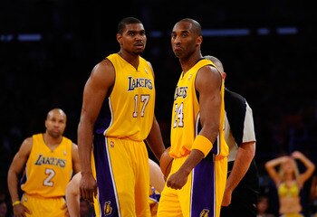 LOS ANGELES, CA - MAY 02:  Andrew Bynum #17 and Kobe Bryant #24 of the Los Angeles Lakers stand on the court before taking on the Dallas Mavericks in Game One of the Western Conference Semifinals in the 2011 NBA Playoffs at Staples Center on May 2, 2011 i