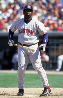 9 Apr 2000: Carl Everett #2 of the Boston Red Sox misses the pitch during the game against the Anaheim Angels at the Edison Field in Anaheim, California. The Red Sox defeated the Angels 5-2.