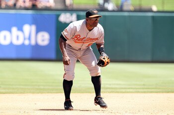 ARLINGTON, TX - JULY 11:  Miguel Tejada #9 of the Baltimore Orioles on July 11, 2010 at Rangers Ballpark in Arlington, Texas.  (Photo by Ronald Martinez/Getty Images)