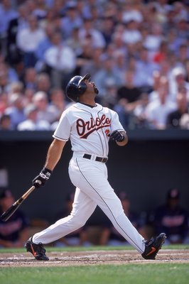 3 Apr 2000:  Harold Baines #3 of the Baltimore Orioles watches the ball after hitting it during the game against the Cleveland Indians at the Camden Yards in Baltimore, Maryland. The Indians defeated the Orioles 4-1. Mandatory Credit: Doug Pensinger  /All