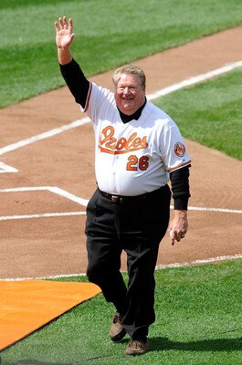 BALTIMORE - APRIL 09:  Boog Powell waves to the crowd after throwing out the first pitch before the game between the Baltimore Orioles and the Toronto Blue Jays on Opening Day at Camden Yards on April 9, 2010 in Baltimore, Maryland.  (Photo by Greg Fiume/
