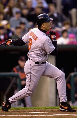 11 Apr 2000:   Cal Ripken Jr swats hit number 2995, a solo home run, during the second inning against the Kansas City Royals at Kauffman Stadium in Kansas City, Missouri. <DIGITAL IMAGE> Mandatory Credit: Matthew Stockman/ALLSPORT