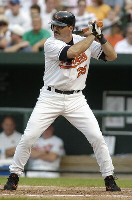 BALTIMORE - JULY 10:  Rafael Palmeiro #25 of the Baltimore Orioles bats during the game against the Kansas City Royals on July 10, 2004 at Camden Yards in Baltimore, Maryland  The Orioles won the game 7-2. (Photo by Greg Fiume/Getty Images)