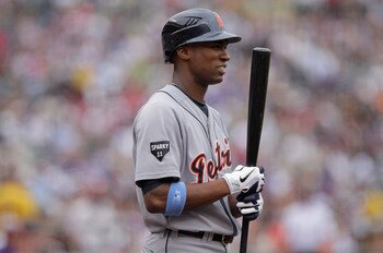 DENVER, CO - JUNE 19:  Austin Jackson #14 of the Detroit Tigers looks on from the on deck circle as he prepares to take an at bat against the Colorado Rockies at Coors Field on June 19, 2011 in Denver, Colorado.  (Photo by Doug Pensinger/Getty Images)