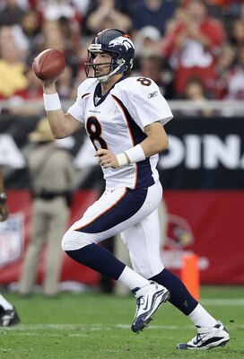 GLENDALE, AZ - DECEMBER 12:  Quarterback Kyle Orton #8 of the Denver Broncos drops back to pass during the NFL game against the Arizona Cardinals at the University of Phoenix Stadium on December 12, 2010 in Glendale, Arizona.  The Cardinals defeated the B