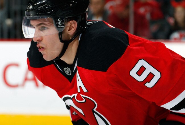 NEWARK, NJ - APRIL 02:  Zach Parise #9 of the New Jersey Devils waits for a faceoff during an NHL hockey game against the Montreal Canadians at the Prudential Center on April 2, 2011 in Newark, New Jersey.  (Photo by Paul Bereswill/Getty Images)