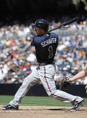SAN DIEGO, CA - JUNE 26: Jordan Schafer #1 of the Atlanta Braves hits a RBI double during the eighth inning of a baseball game against the San Diego Padres at Petco Park on June 26, 2011 in San Diego, California.  (Photo by Denis Poroy/Getty Images)