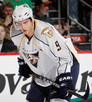 PHILADELPHIA, PA - FEBRUARY 03:  Marcel Goc #9 of the Nashville Predators waits for a faceoff during an NHL hockey game against the Philadelphia Flyers at the Wells Fargo Center on February 3, 2011 in Philadelphia, Pennsylvania.  (Photo by Paul Bereswill/