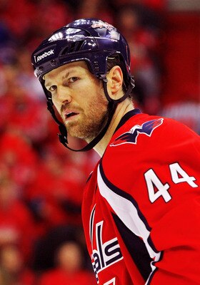WASHINGTON , DC - APRIL 23:  Jason Arnott #44 of the Washington Capitals looks on during a face off against of the New York Rangers in Game Five of the Eastern Conference Quarterfinals during the 2011 NHL Stanley Cup Playoffs at the Verizon Center on Apri