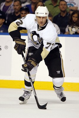 TAMPA, FL - APRIL 20: Alex Kovalev #72 of the Pittsburgh Penguins skates with the puck against the Tampa Bay Lightning in Game Four of the Eastern Conference Quarterfinals during the 2011 NHL Stanley Cup Playoffs at the St. Pete Times Forum on April 20, 2