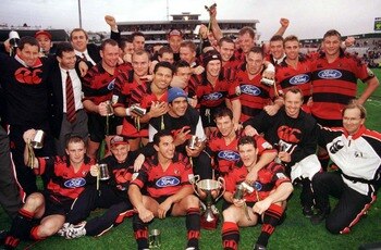 The Crusaders celebrate after beating the Highlanders at Carisbrook in the 1999 Final.
