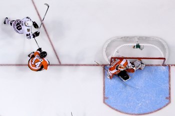 PHILADELPHIA - JUNE 09:  Patrick Kane #88 celebrates after scoring the game-winning goal in overtime against Michael Leighton #49 of the Philadelphia Flyers to defeat the PFlyers 4-3 and win the Stanley Cup in Game Six of the 2010 NHL Stanley Cup Final at