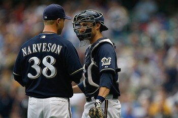 MILWAUKEE, WI - JUNE 20: Chris Narveson #38 of the Milwaukee Brewers talks with Jonathan Lucroy #20 against the Tampa Bay Rays at the Miller Park on June 20, 2011 in Milwaukee, Wisconsin. (Photo by Scott Boehm/Getty Images)