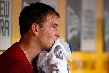 PITTSBURGH - JUNE 08:  Zach Duke #19 of the Arizona Diamondbacks sits in the dugout in between innings against the Pittsburgh Pirates during the game on June 8, 2011 at PNC Park in Pittsburgh, Pennsylvania.  (Photo by Jared Wickerham/Getty Images)