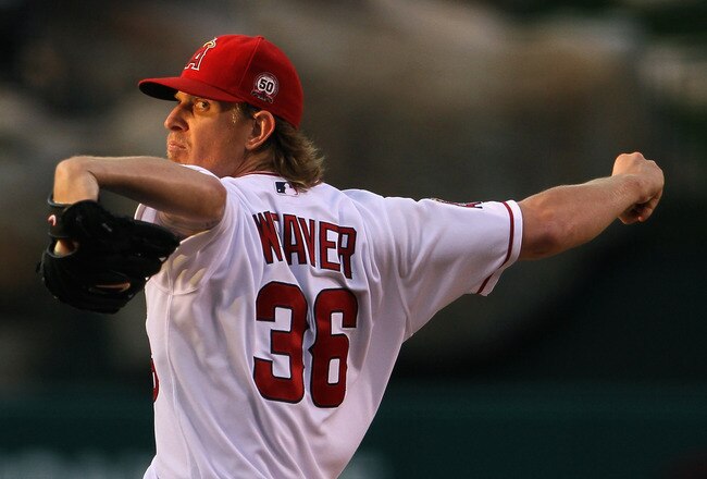 ANAHEIM, CA - JUNE 08:  Jered Weaver #36 of the Los Angeles Angels of Anaheim pitches against the Tampa Bay Rays at Angel Stadium of Anaheim on June 8, 2011 in Anaheim, California.  (Photo by Jeff Gross/Getty Images)