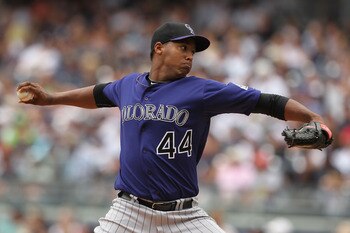 NEW YORK, NY - JUNE 26:  Juan Nicasio #44 of the Colorado Rockies pitches against the New York Yankees during their game on June 26, 2011 at Yankee Stadium in the Bronx borough of New York City.  (Photo by Al Bello/Getty Images)