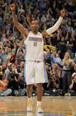 DENVER, CO - APRIL 25:  J.R. Smith #5 of the Denver Nuggets reacts after scoring against the Oklahoma City Thunder in Game Four of the Western Conference Quarterfinals in the 2011 NBA Playoffs on April 24, 2011 at the Pepsi Center in Denver, Colorado. NOT