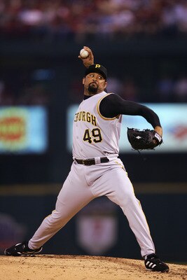 ST. LOUIS - SEPTEMBER 12:  Jose Mesa #49 of the Pittsburgh Pirates delivers a pitch during a game against the St. Louis Cardinals at Busch Stadium on September 12, 2005 in St. Louis, Missouri.  The Cardinals won 4-3.  (Photo by Elsa/Getty Images)