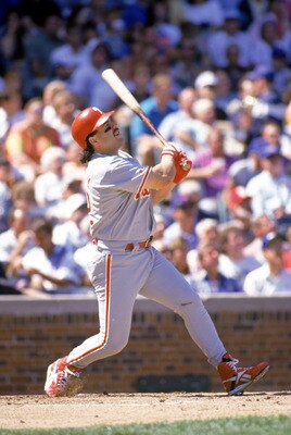 CHICAGO - SEPTEMBER 1:  Outfielder Pete Incaviglia #22 of the Philadelphia Phillies swings at the pitch during the 1993 season MLB game against the Chicago Cubs at Wrigley Field in Chicago, Illinois.  (Photo by Jonathan Daniel/Getty Images)