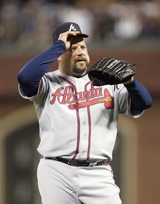 SAN FRANCISCO - JULY 24: Pitcher Bob Wickman #28 of the Atlanta Braves reacts to giving up a run against the San Francisco Giants during a Major League Baseball game on July 24, 2007 at AT&T Park in San Francisco (Photo by Otto Greule Jr/Getty Images)