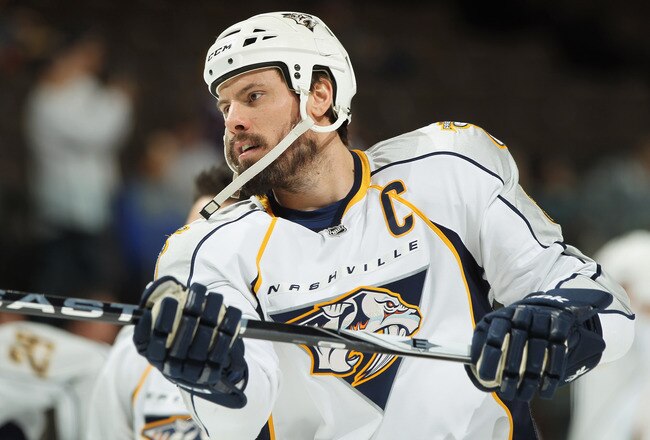 DENVER, CO - MARCH 31:  Shea Weber #6 of the Nashville Predators warms up prior to facing the Colorado Avalanche at the Pepsi Center on March 31, 2011 in Denver, Colorado. Rinne had 27 saves as the Nashville Predators defeated the Colorado Avalanche 3-2.