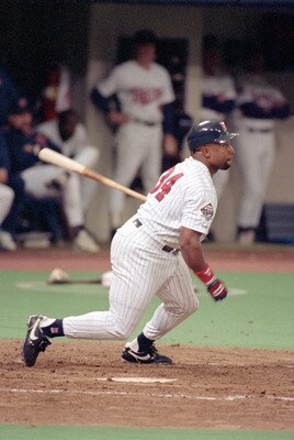 MINNEAPOLIS - OCTOBER 9:  Kirby Puckett #34 of the Minnesota Twins swings at a pitch during Game two of the 1991 American League Championship Series against the Toronto Blue Jays at the Metrodome on October 9, 1991 in Minneapolis, Minnesota. The Blue Jays
