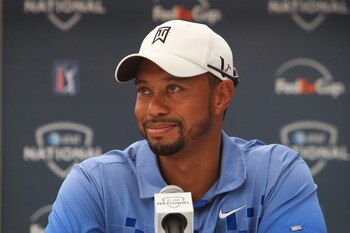 NEWTOWN SQUARE, PA - JUNE 28: Tiger Woods speaks to the media during a press conference before the AT&T National at Aronimink Golf Club on June 28, 2011 in Newtown Square, Pennsylvania. (Photo by Hunter Martin/Getty Images)