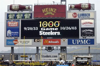 PITTSBURGH, PA - OCTOBER 26:  The scoreboard announces that this game against the St. Louis Rams is the Pittsburgh Steelers' 1,000 game, during a pregame ceremony at Heinz Field on October 26, 2003 in Pittsburgh, Pennsylvania.  The Rams defeated the Steel