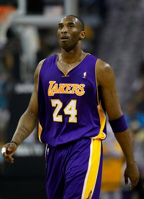 NEW ORLEANS, LA - APRIL 24:  Kobe Bryant #24 of the Los Angeles Lakers stands during a freethrow against the New Orleans Hornets in Game Four of the Western Conference Quarterfinals in the 2011 NBA Playoffs at New Orleans Arena on April 24, 2011 in New Or