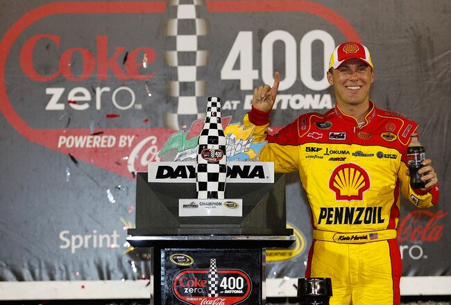 DAYTONA BEACH, FL - JULY 03:  Kevin Harvick, driver of the #29 Shell/Pennzoil Chevrolet, poses in victory lane after winning the NASCAR Sprint Cup Series Coke Zero 400 at Daytona International Speedway on July 3, 2010 in Daytona Beach, Florida.  (Photo by