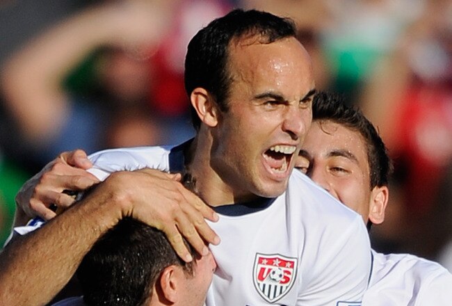 PASADENA, CA - JUNE 25:  Landon Donovan #10 of United States celebrates his goal with teammates Carlos Bocanegra #3 and Alejandro Bedoya #22  against Mexico during the 2011 CONCACAF Gold Cup Championship at the Rose Bowl on June 25, 2011 in Pasadena, Cali