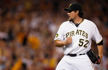 PITTSBURGH - JUNE 25: Joel Hanrahan #52 of the Pittsburgh Pirates celebrates after their 6-4 win against the Boston Red Sox during the game on June 25, 2011 at PNC Park in Pittsburgh, Pennsylvania.  (Photo by Jared Wickerham/Getty Images)