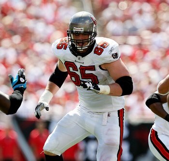 TAMPA, FL - OCTOBER 12:  Offensive lineman Jeremy Trueblood #65 of Tampa Bay Buccaneers drops back to block while taking on the Carolina Panthers at Raymond James Stadium on October 12, 2008 in Tampa, Florida. The Buccaneers defeated the Panthers 27-3.  (