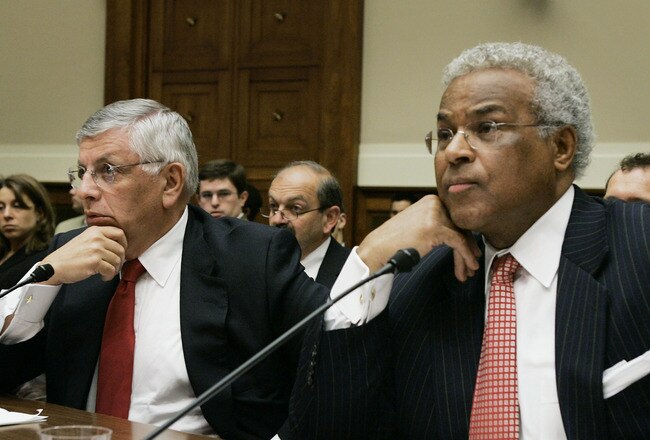 WASHINGTON - MAY 18:  David Stern (L), Commissioner of the National Basketball Association, and Billy Hunter, executive director of the National Basketball Players Association, listen to questions directed to them during a House Subcommittee on Commerce a