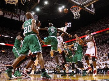 MIAMI, FL - MAY 11:  Dwyane Wade #3 of the Miami Heat shoots over Kevin Garnett #5 of the Boston Celtics during Game Five of the Eastern Conference Semifinals of the 2011 NBA Playoffs at American Airlines Arena on May 11, 2011 in Miami, Florida. NOTE TO U
