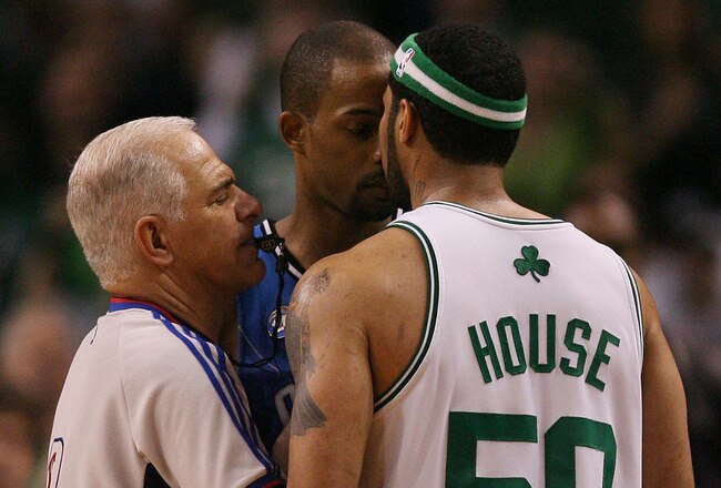 BOSTON - MAY 06:  Rafer Alston #1 of the Orlando Magic and Eddie House #50 of the Boston Celtics exchange words after House scored a three-point shot in the second half of Game Two of the Eastern Conference Semifinals during the 2009 NBA Playoffs at TD Ba