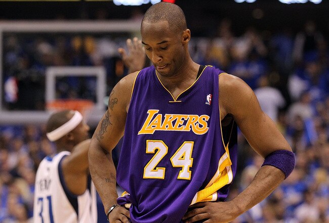 DALLAS, TX - MAY 06:  Guard Kobe Bryant #24 of the Los Angeles Lakers reacts during a 98-92 loss against the Dallas Mavericks in Game Three of the Western Conference Semifinals during the 2011 NBA Playoffs on May 6, 2011 at American Airlines Center in Dal