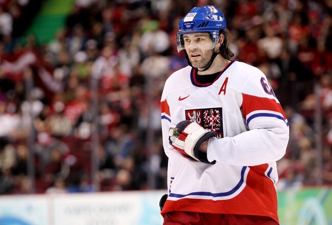 VANCOUVER, BC - FEBRUARY 19:  Jaromir Jagr #68 of Czech Republic looks on during the ice hockey men's preliminary game between Czech Republic and Latvia on day 8 of the Vancouver 2010 Winter Olympics at Canada Hockey Place on February 19, 2010 in Vancouve