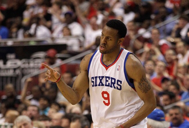 PHILADELPHIA, PA - APRIL 24: Andre Iguodala #9 of the Philadelphia 76ers celebrates after scoring against the Miami Heat during the second half in Game Four of the Eastern Conference Quarterfinals in the 2011 NBA Playoffs at Wells Fargo Center on April 24