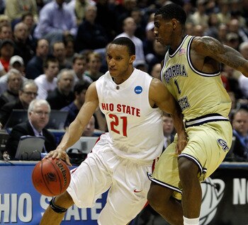 MILWAUKEE - MARCH 21:  Evan Turner #21 of the Ohio State Buckeyes drives on Iman Shumpert #1 of the Georgia Tech Yellow Jackets in the second half during the second round of the 2010 NCAA men's basketball tournament at the Bradley Center on March 21, 2010