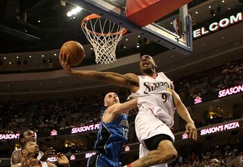 PHILADELPHIA - APRIL 30: Andre Iguodala #9 of the Philadelphia 76ers lays the ball up against the Orlando Magic during Game Six of the Eastern Conference Quarterfinals at Wachovia Center on April 30, 2009 in Philadelphia, Pennsylvania. NOTE TO USER: User