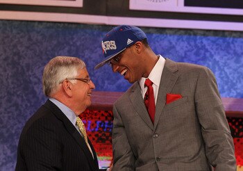 NEW YORK - JUNE 24:  Evan Turner of Ohio State stands with NBA Commisioner David Stern after being drafted second overall by  the Philadelphia 76ers at Madison Square Garden on June 24, 2010 in New York City.  NOTE TO USER: User expressly acknowledges and