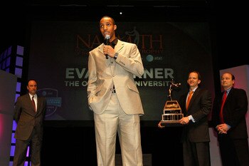 INDIANAPOLIS - APRIL 04:  Evan Turner of the Ohio State Buckeyes speaks after he was awarded the 2010 Naismith Men's College Player of the Year trophy during the NABC Guardians of the Game Awarding of Naismith Trophy Presented by AT&T at the Murat Theatre