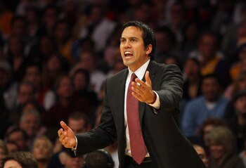 LOS ANGELES, CA - DECEMBER 25: Head Coach Eric Spoelstra of the Miami Heat yells from the bench area during their NBA game against the Los Angeles Lakers at Staples Center on December 25, 2010 in Los Angeles, California. The Heat defeated the Lakers 96-80