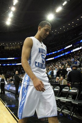 NEWARK, NJ - MARCH 27:  Kendall Marshall #5 of the North Carolina Tar Heels walks to the locker room after being defeated by the Kentucky Wildcats in the east regional final of the 2011 NCAA men's basketball tournament at Prudential Center on March 27, 20