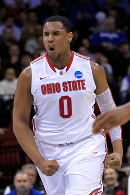 NEWARK, NJ - MARCH 25:  Jared Sullinger #0 of the Ohio State Buckeyes celebrates after a play against the Kentucky Wildcats during the first half of the east regional semifinal of the 2011 NCAA Men's Basketball Tournament at the Prudential Center on March